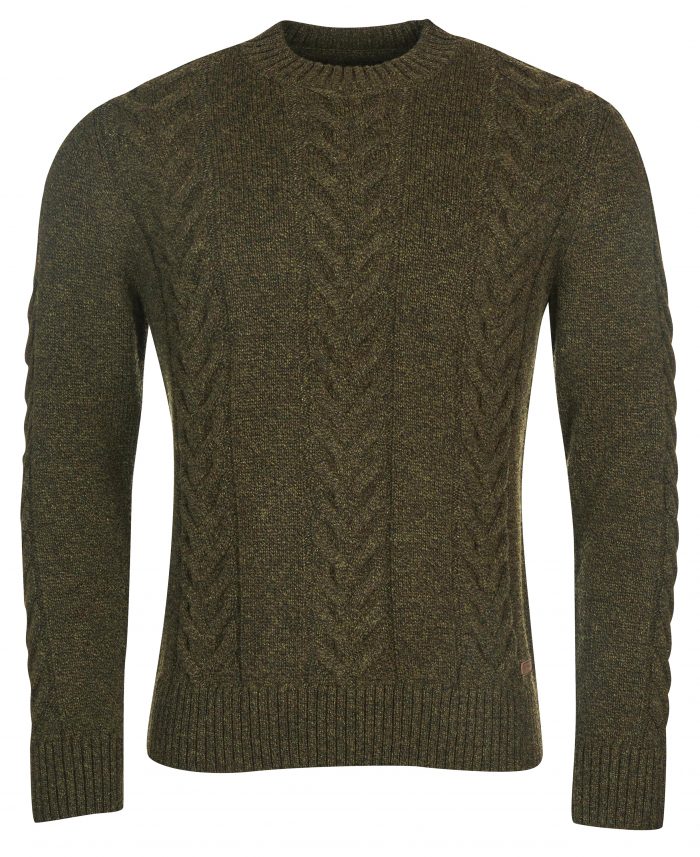 BARBOUR CABLE CREW SWEATER OLIVE JAIL DORNOCH