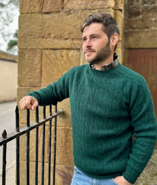 HARLEY KNITWEAR MENS CABLE JUMPER GREEN JAIL DORNOCH