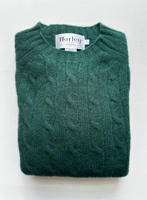mens cable crew neck jumper harley of scotland forest green jail dornoch