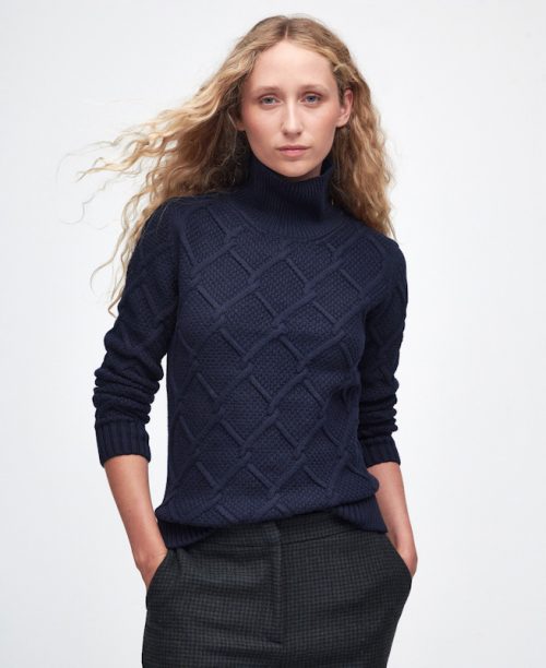 ladies barbour burne knitted jumper navy jail dornoch