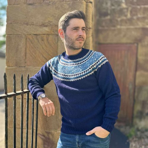 harley of scotland ens fair isle jumper navy vellum neptune jail dornoch